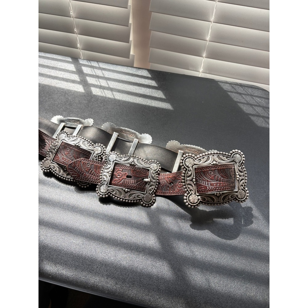 Nocona Concho Belt Women M Brown Excellent Tooled Leather Silver Tone N344480